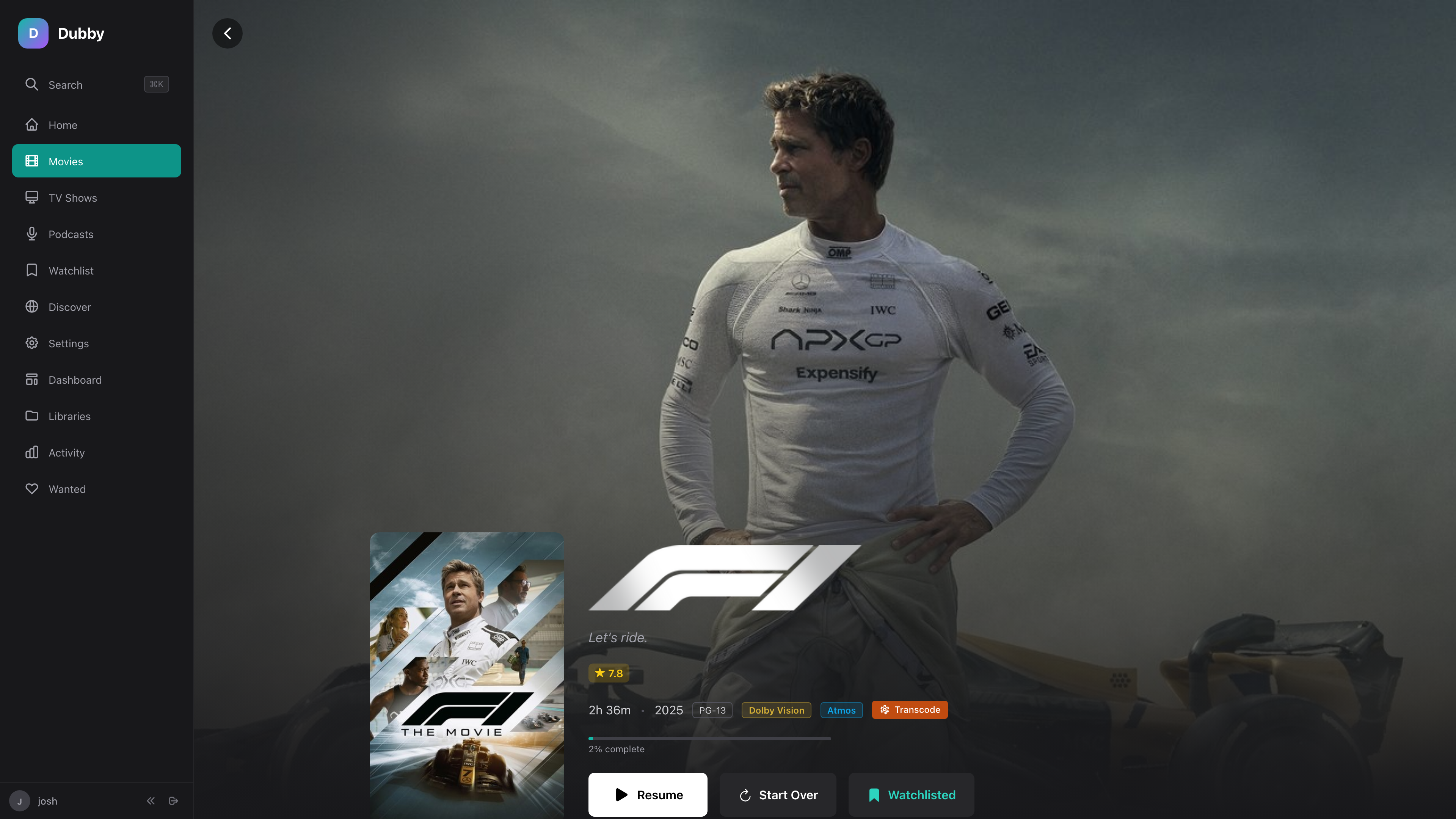 Movie detail page showing Dolby Vision badge, ratings, and resume playback