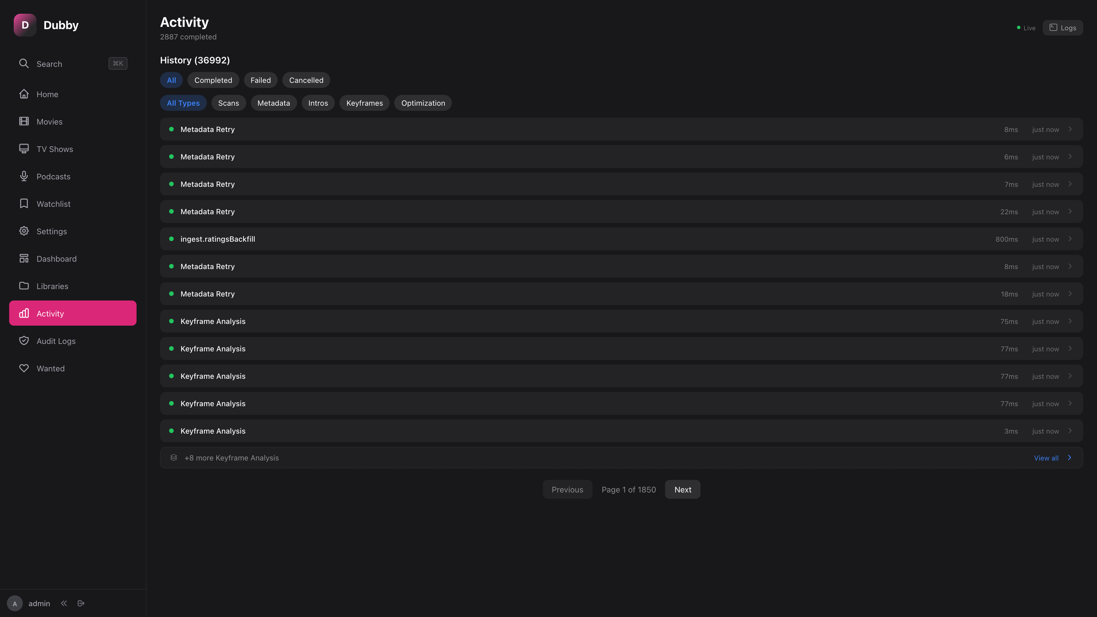 Streaming activity showing active sessions and playback details
