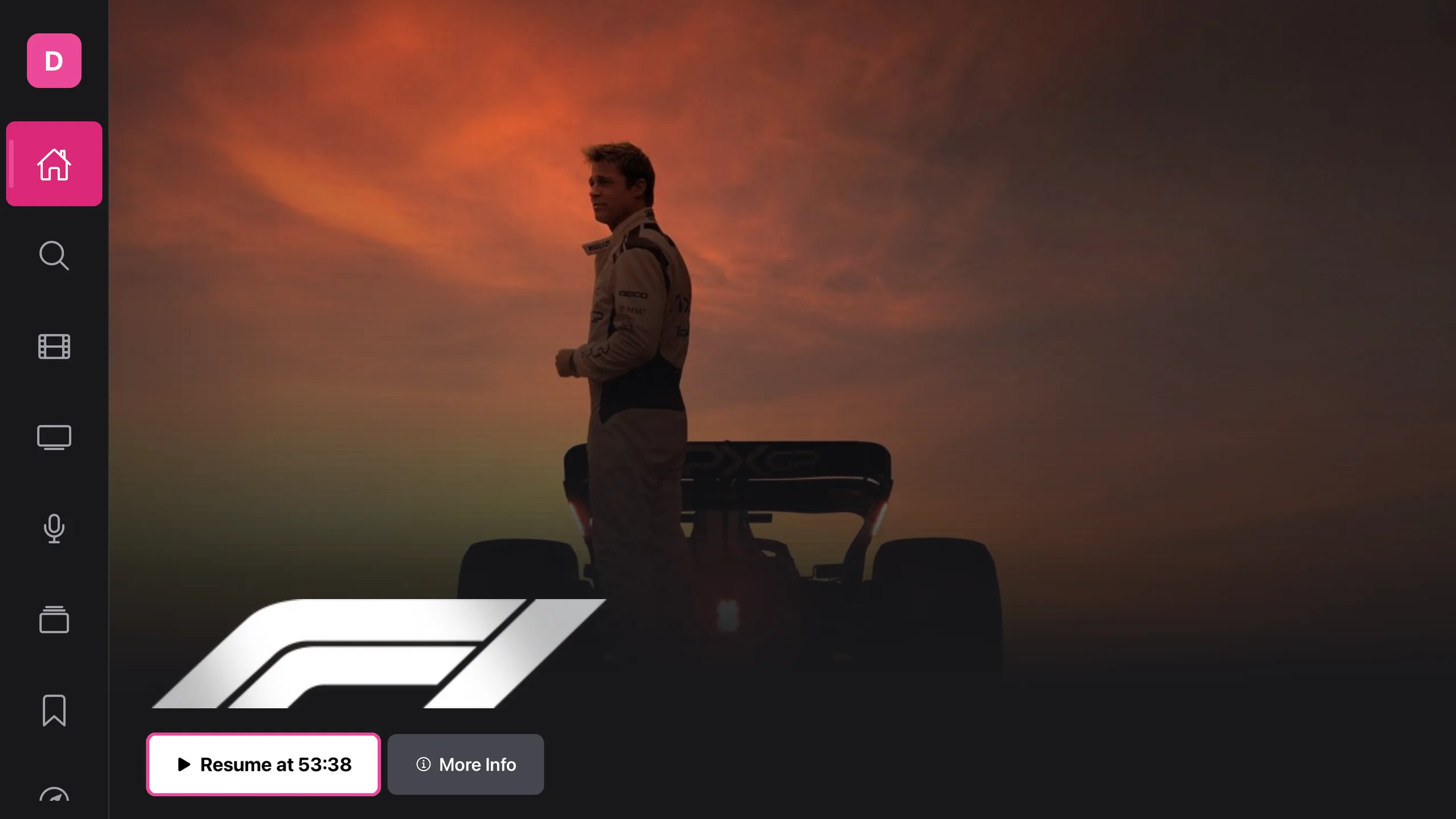 Dubby on Apple TV — home screen with a cinematic featured hero and sidebar navigation
