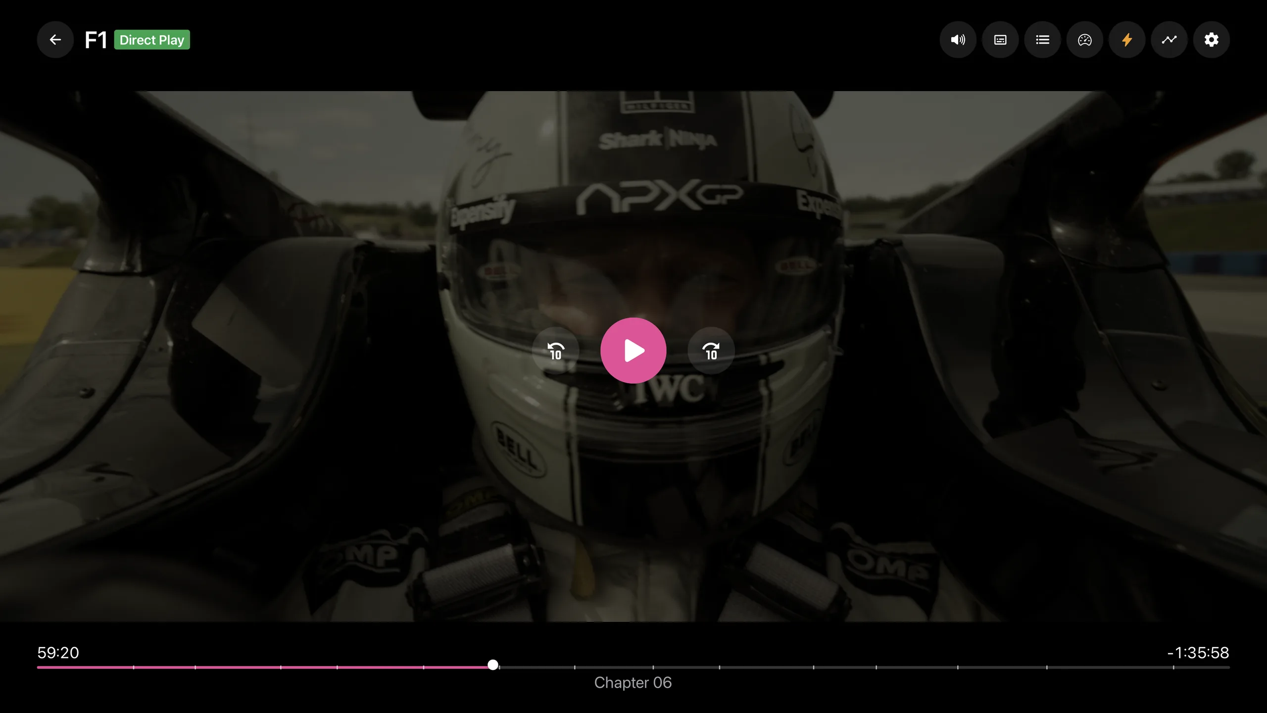 Dubby on Apple TV — native player with a Direct Play badge, pink scrub bar, and chapter markers