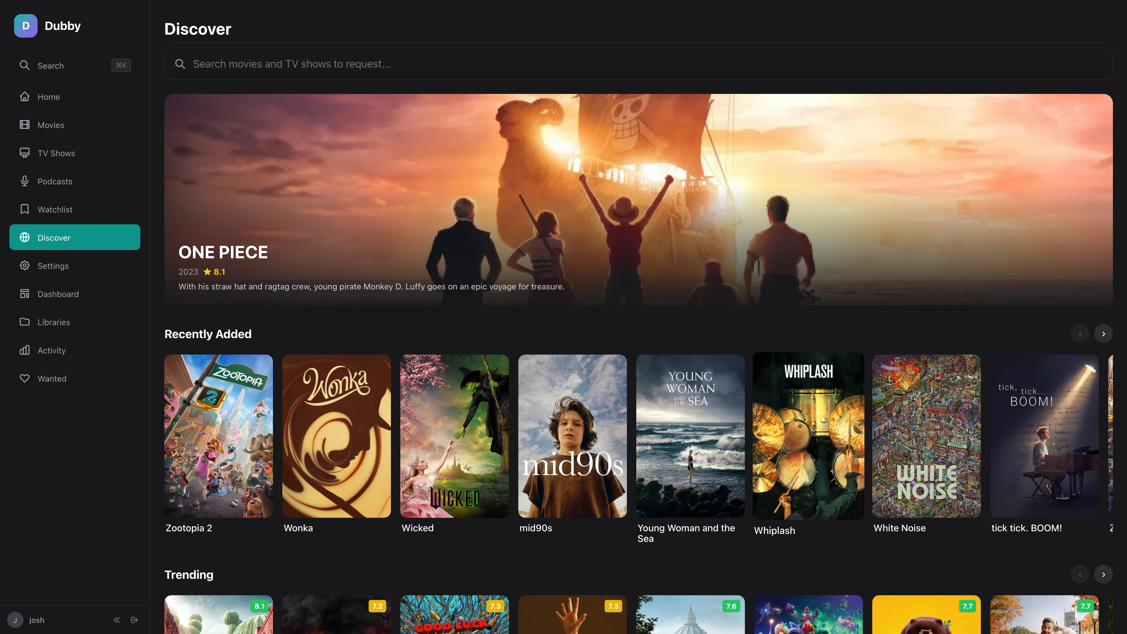 Discover page with trending content and new releases to request