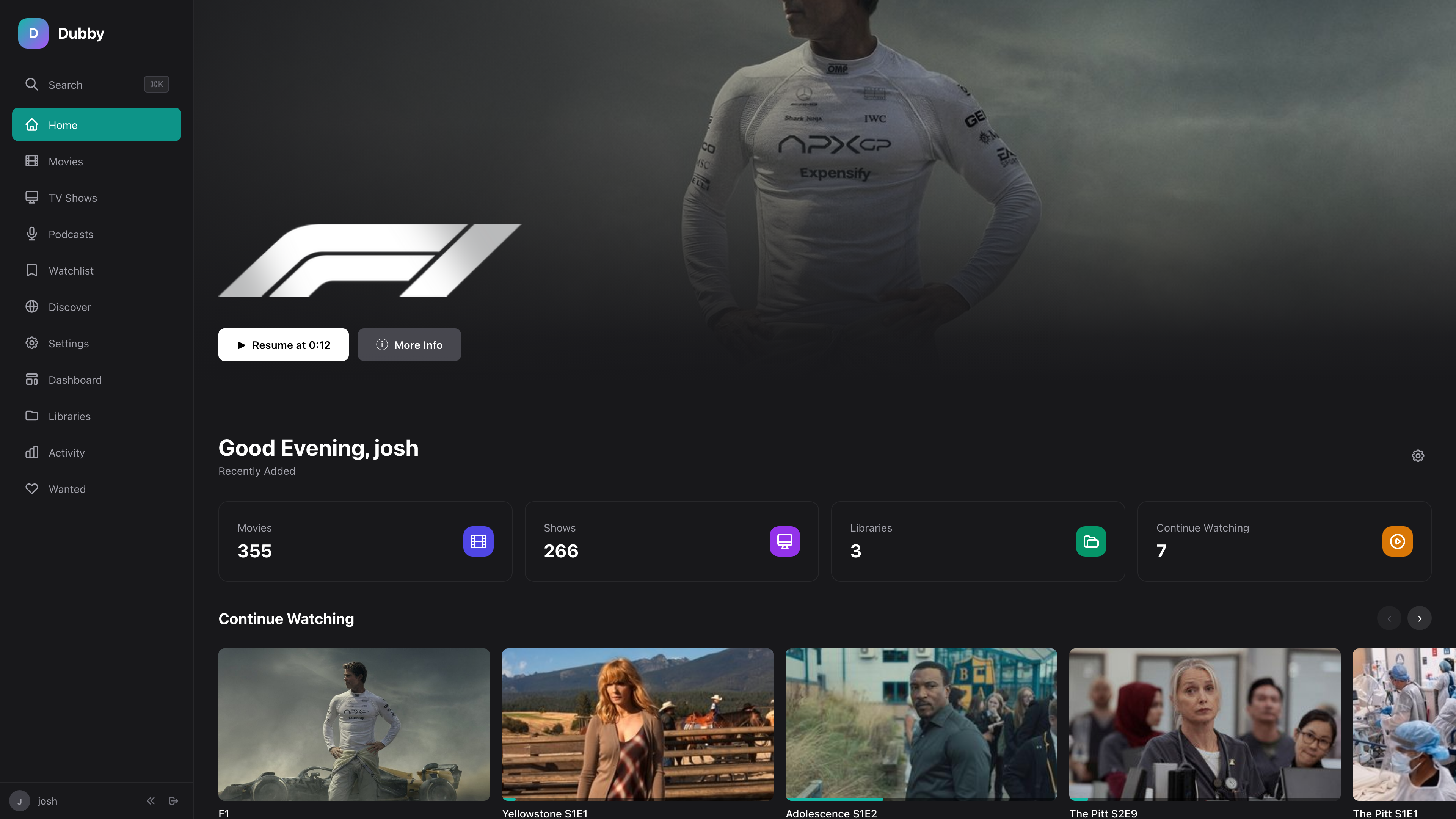 Dubby media server — home screen with continue watching and library stats