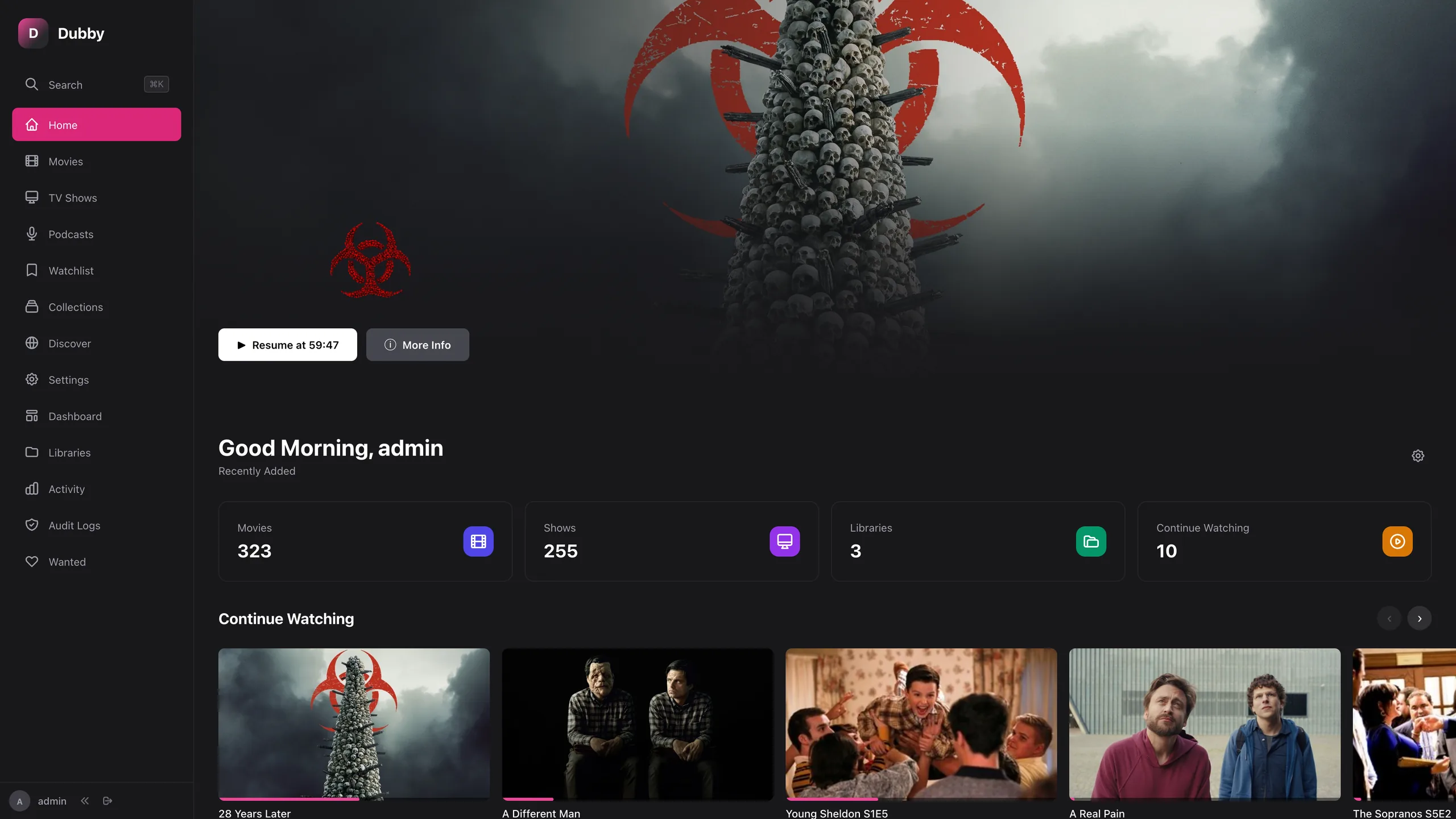 Dubby home screen — continue watching row and library poster grid