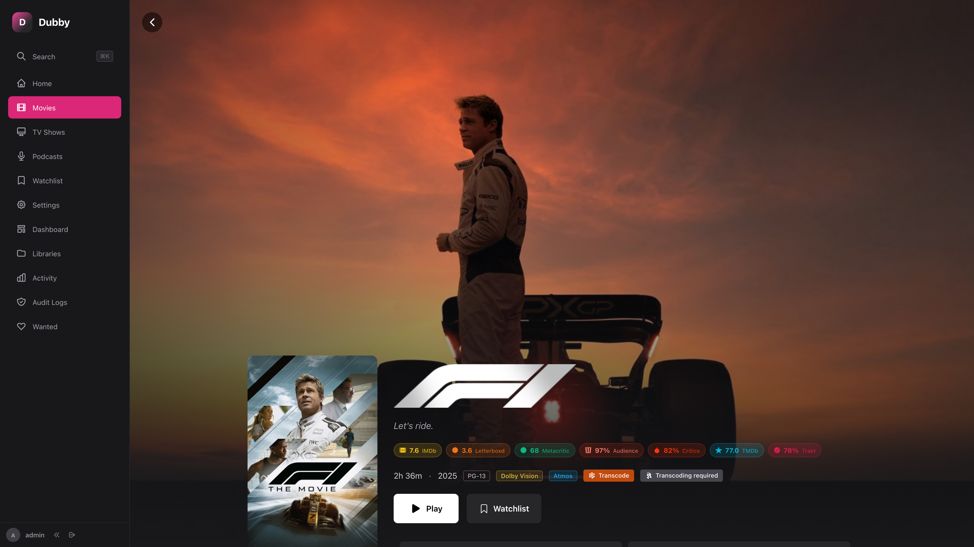 Movie detail page showing Dolby Vision badge, ratings, and resume playback
