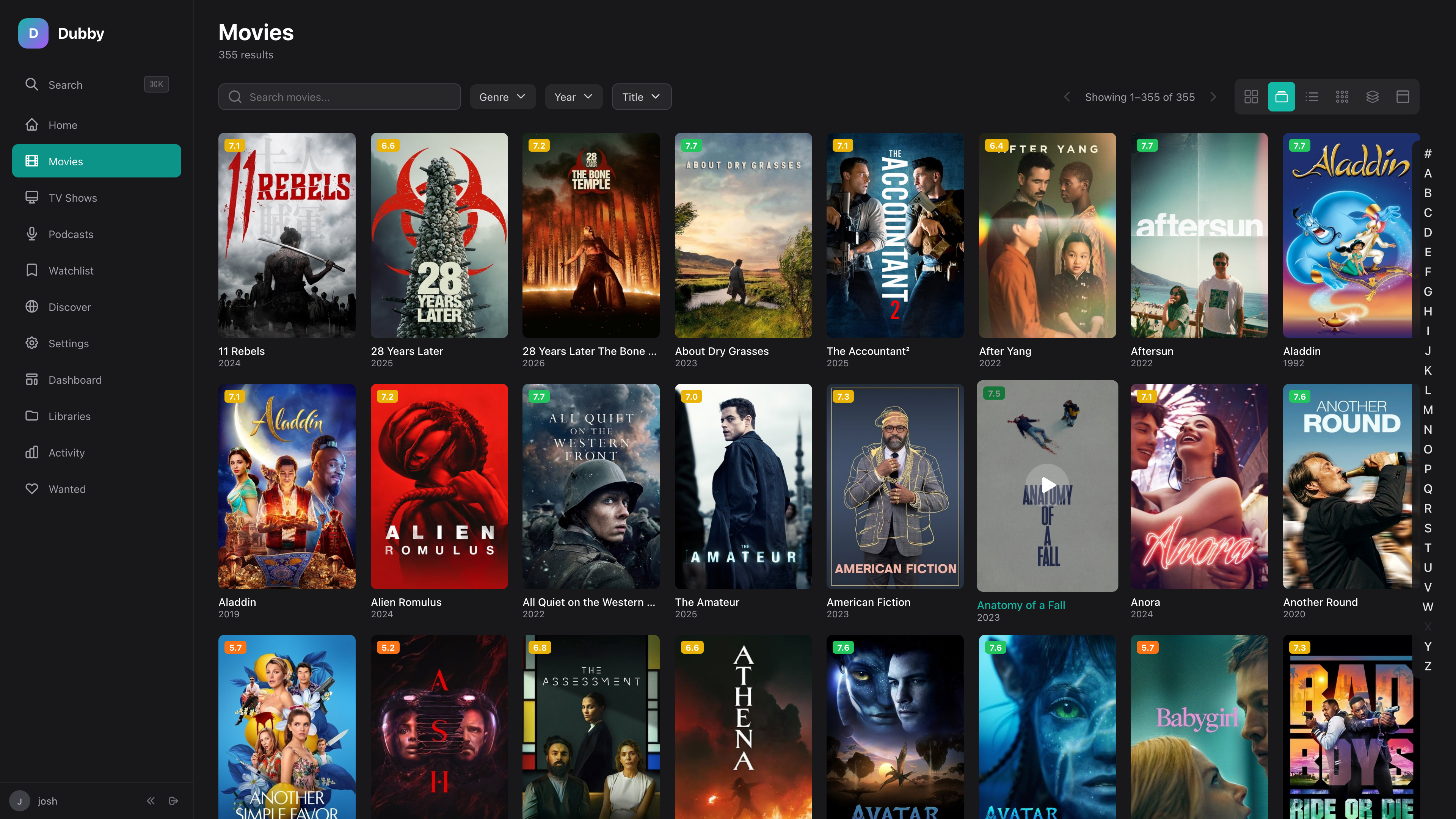 Movie library with poster grid, filters, and alphabetical index