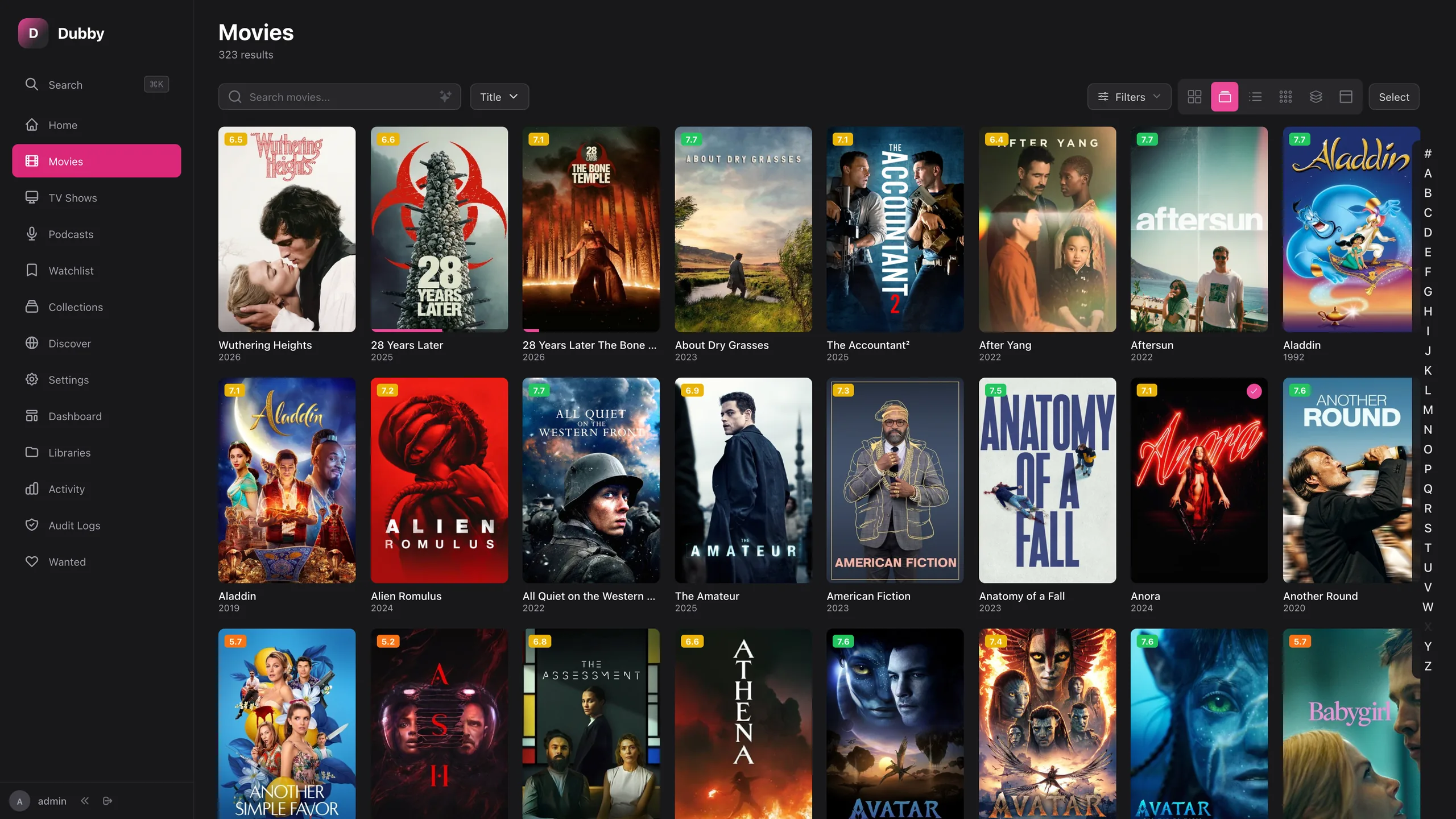Movie library with a poster grid, filters, and an alphabetical index