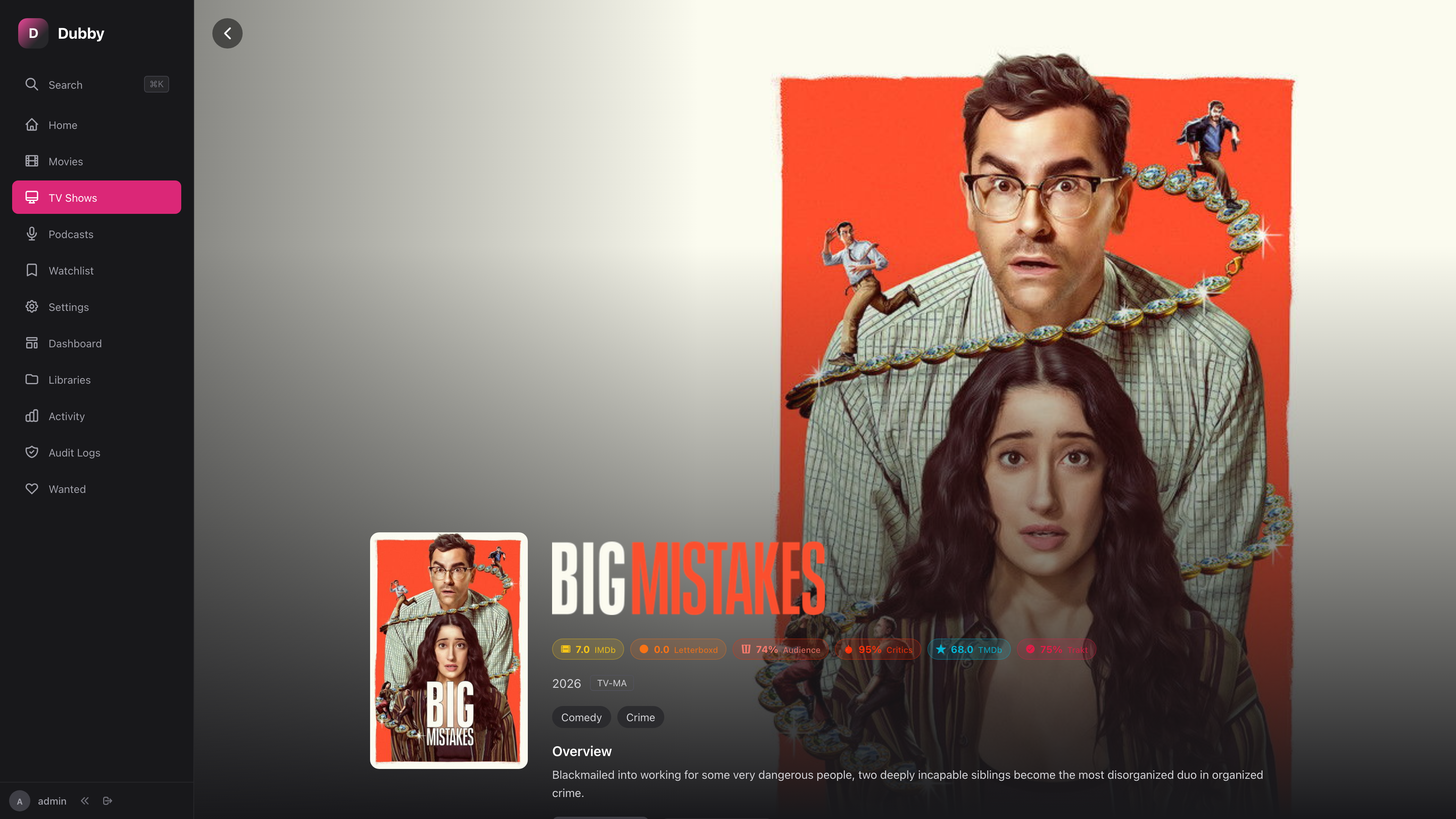 TV show detail page with season info, ratings, and overview