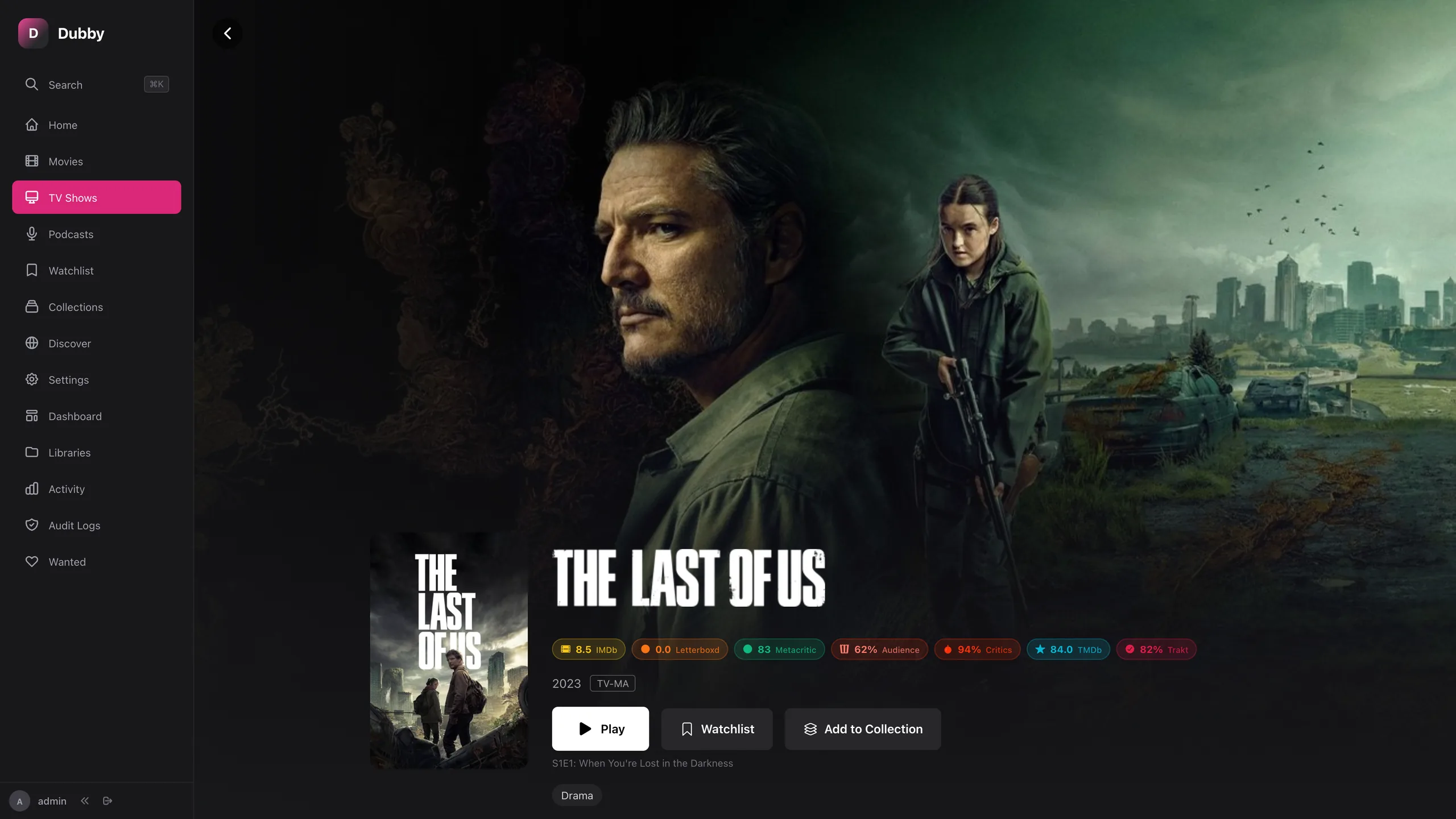 TV show detail page with seasons, episodes, aggregated ratings, and cast