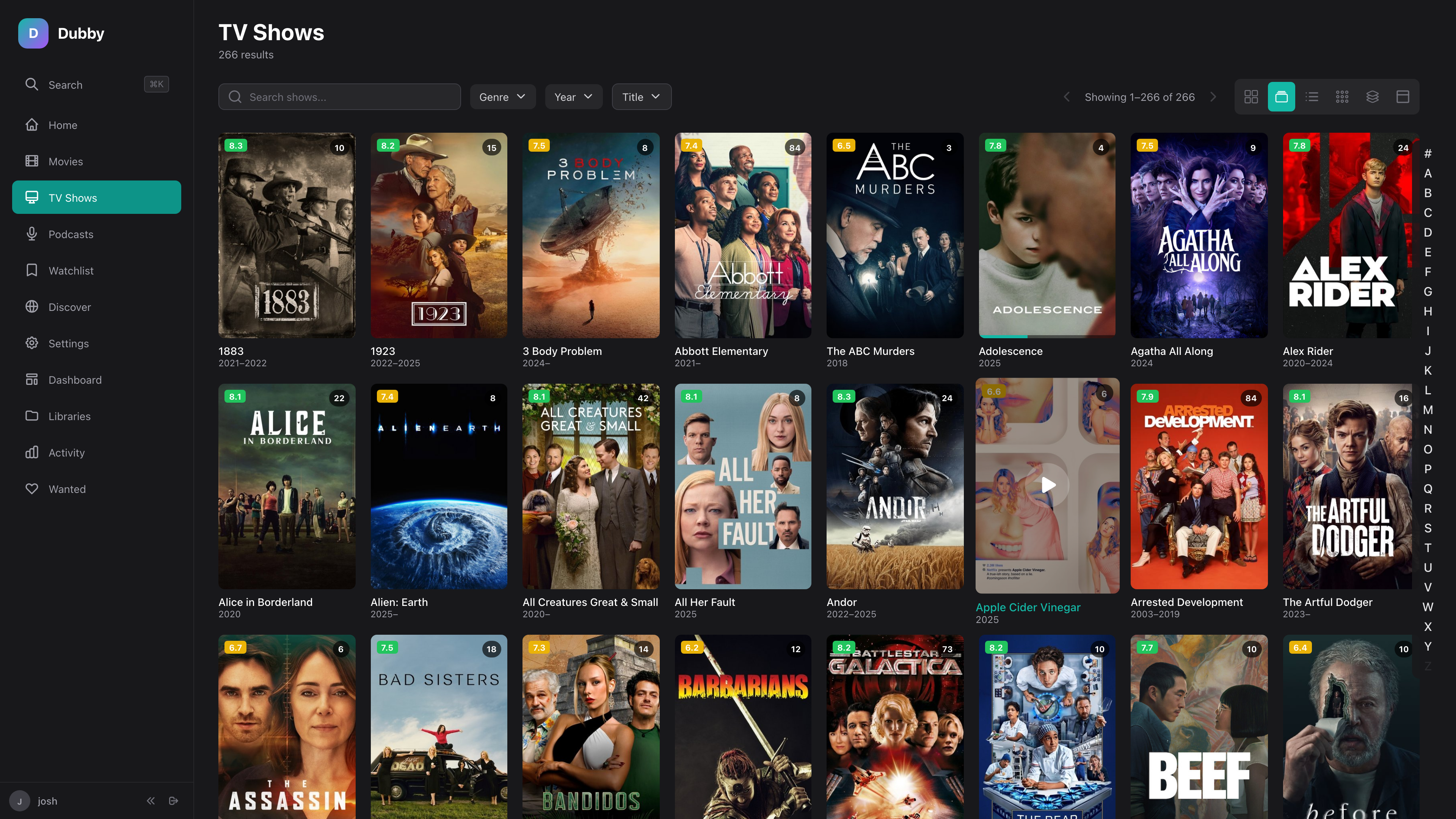 TV show library with poster grid and genre filters