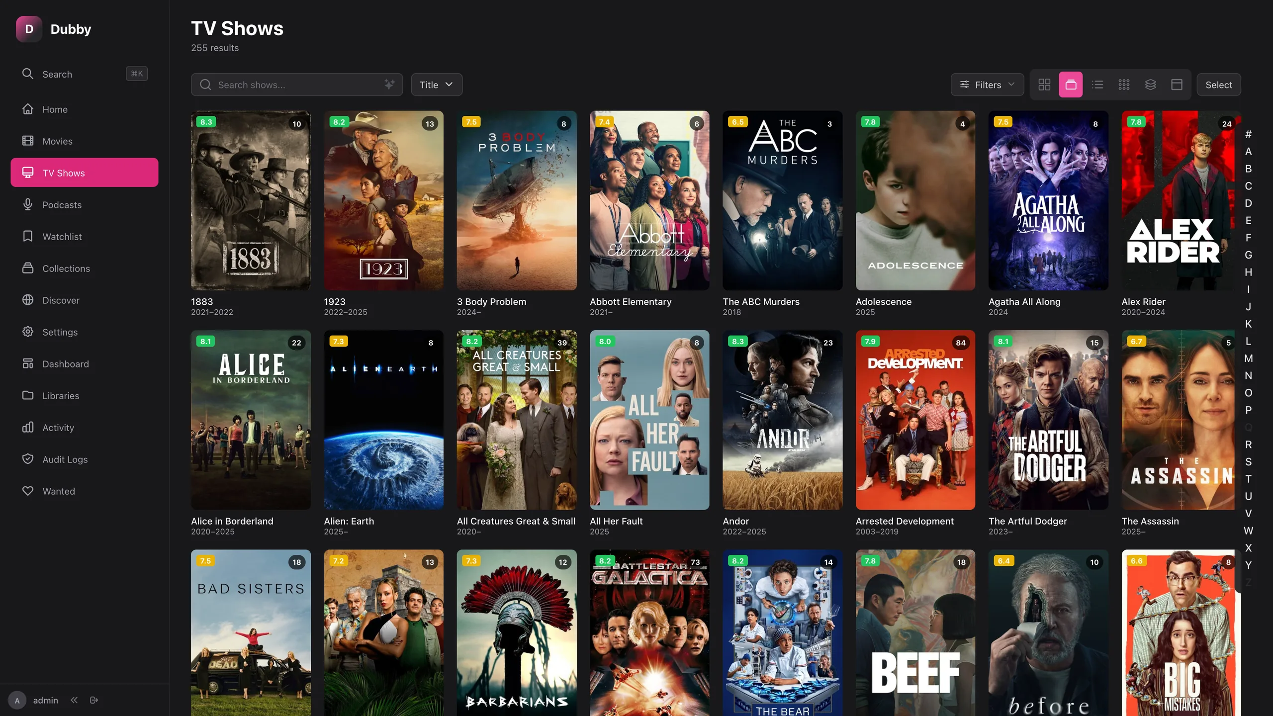 TV show library with a poster grid and genre filters