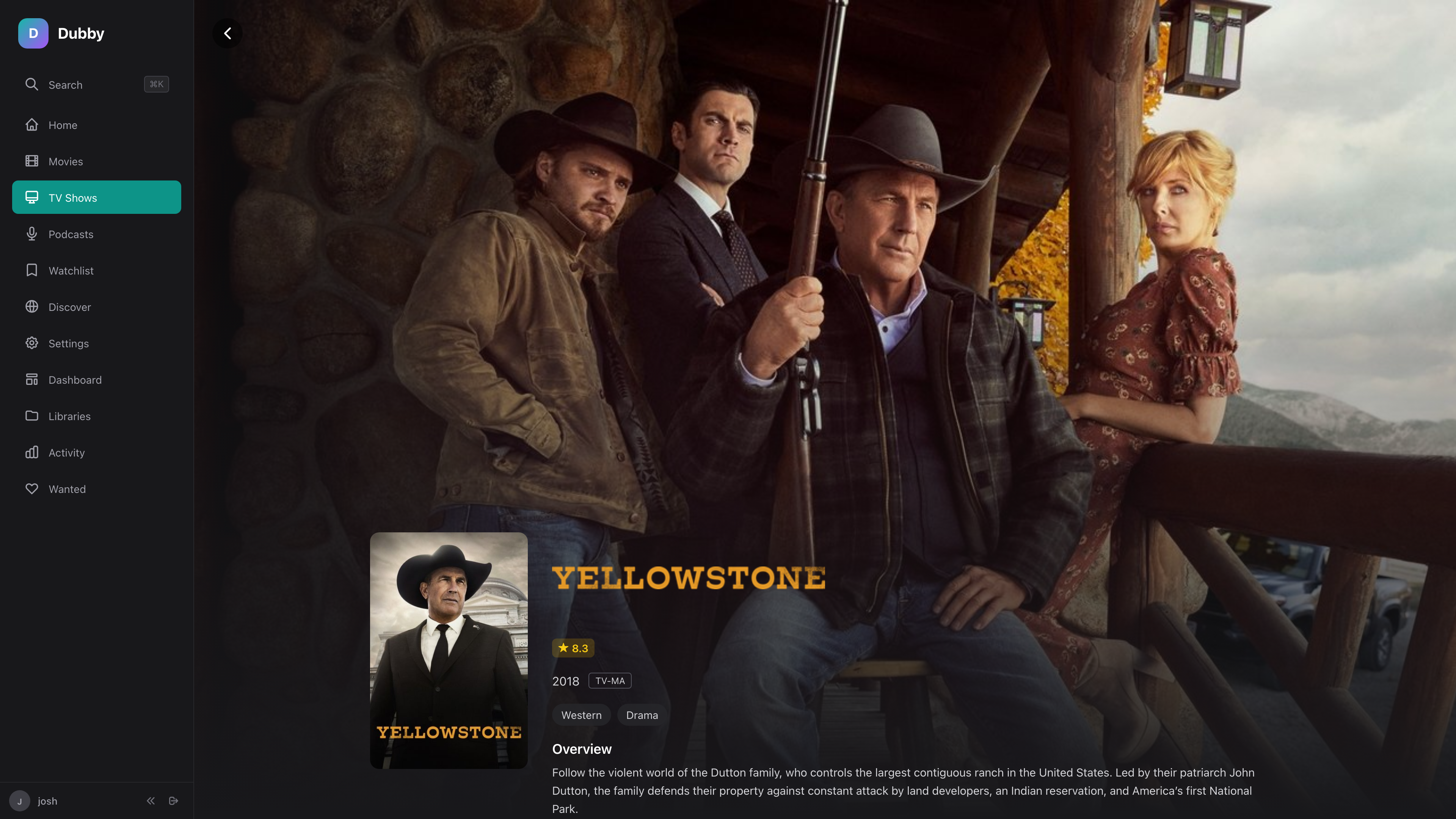 TV show detail page with season info, ratings, and overview